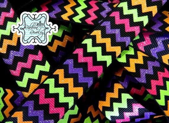 Halloween coordinating sparkly chevron printed on black 7/8" grosgrain ribbon- Gorgeo0us in person Il_570xn