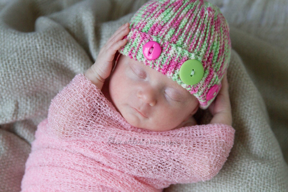 Newborn Button Cloche Beanie Hat, Knit in Pink Mint Green White, Newborn to 3 Month Size (Item 884) - ThatsTheCutestThing