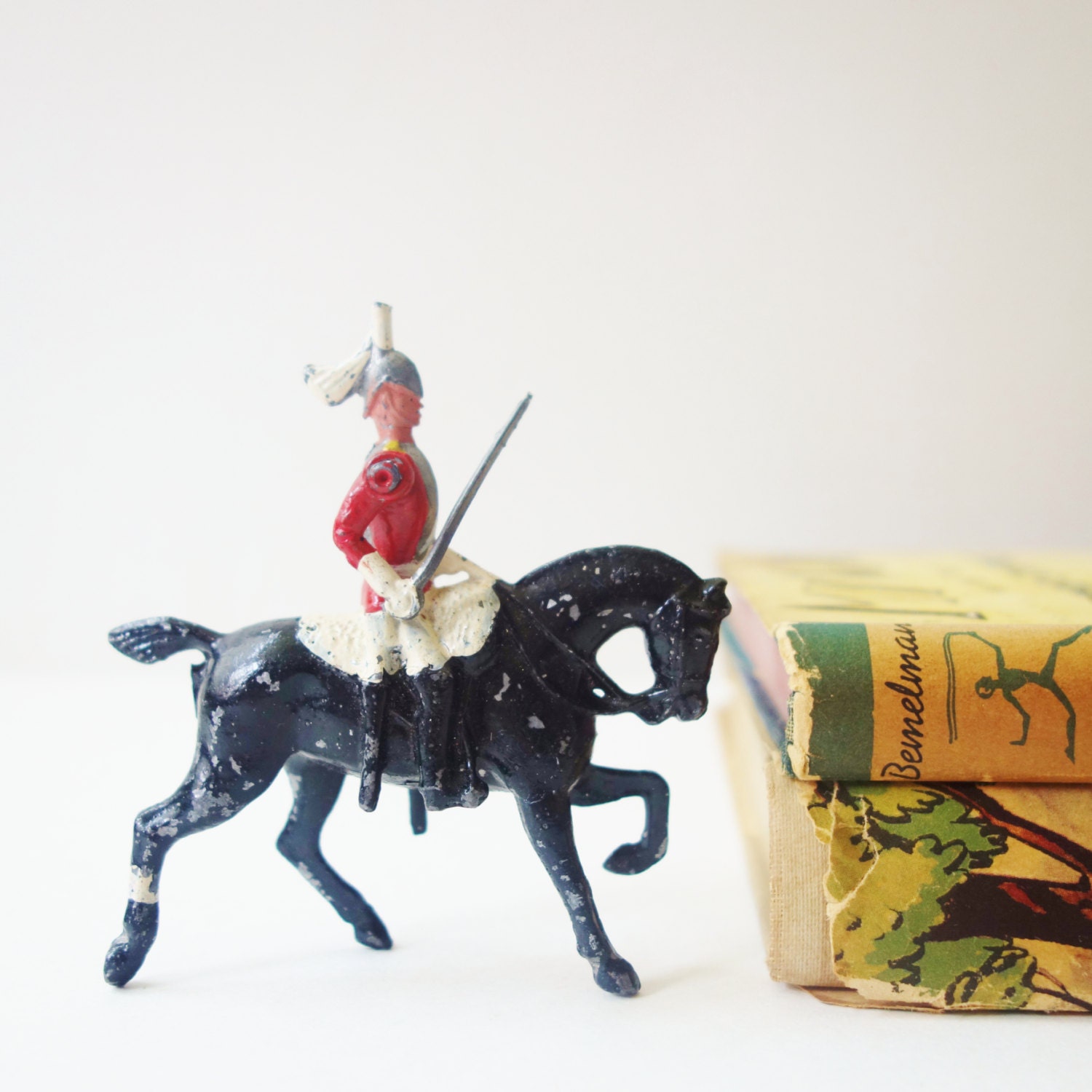Antique Lead Soldier, Old Brittain Toy, Horse and rider, Soldier toy, Diorama, French Soldier, Black horse, metal toy, Vintage nursery decor - ZomaleeVintage