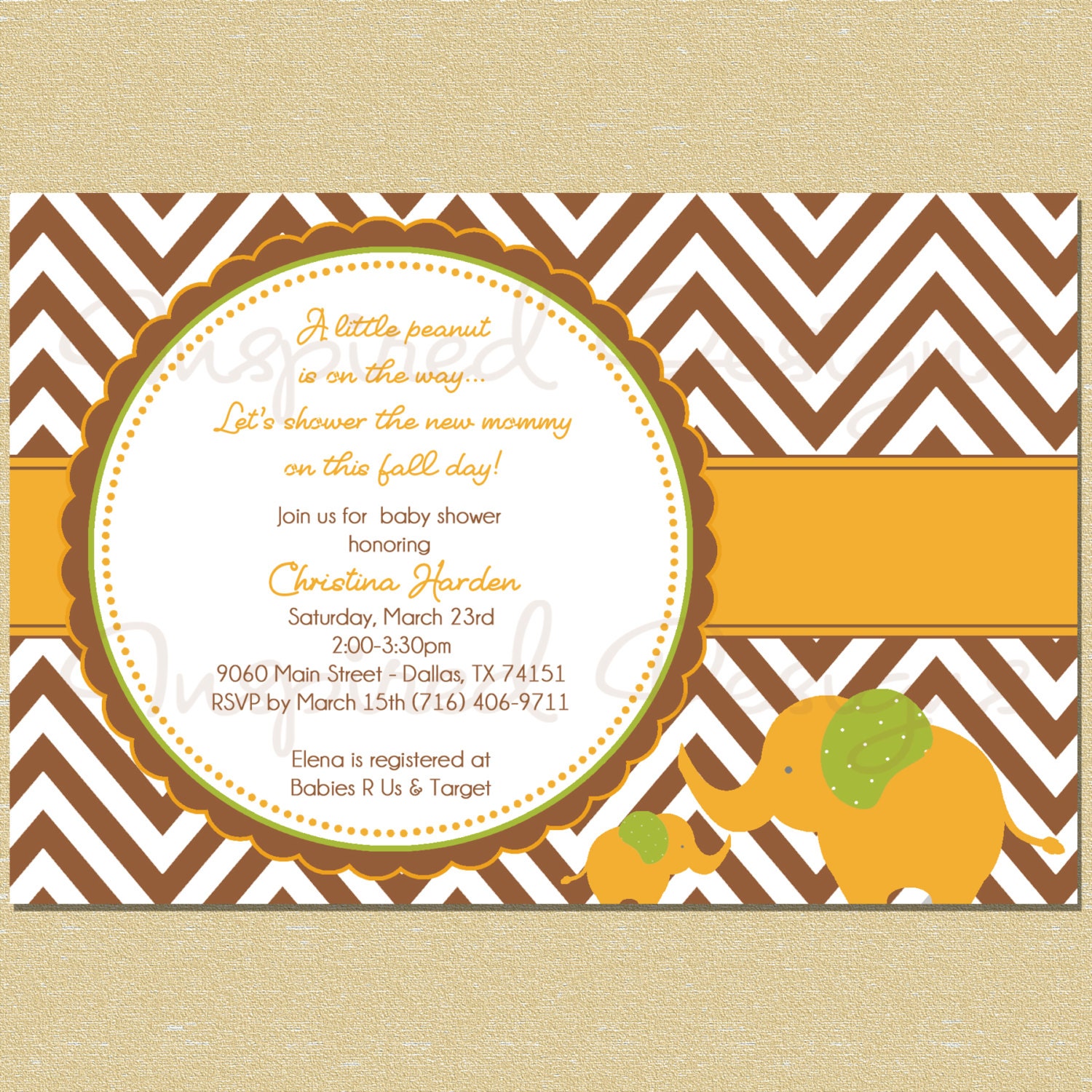 Elephant Peanut Fall/Autumn Chevron- Neutral Baby Shower Invitation (Boy or Girl) Il_570xn