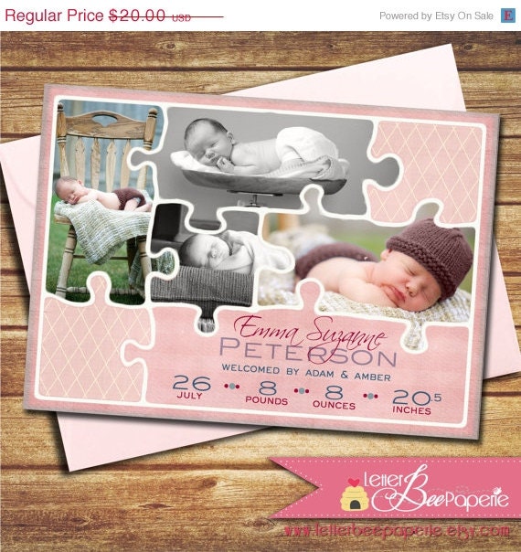 ON SALE Puzzle Piece Custom Baby Girl Birth Announcement - DIY Printable Card - Choose Your Colors - Multi-Photo Holiday Cards - Missing Pi Il_570xn