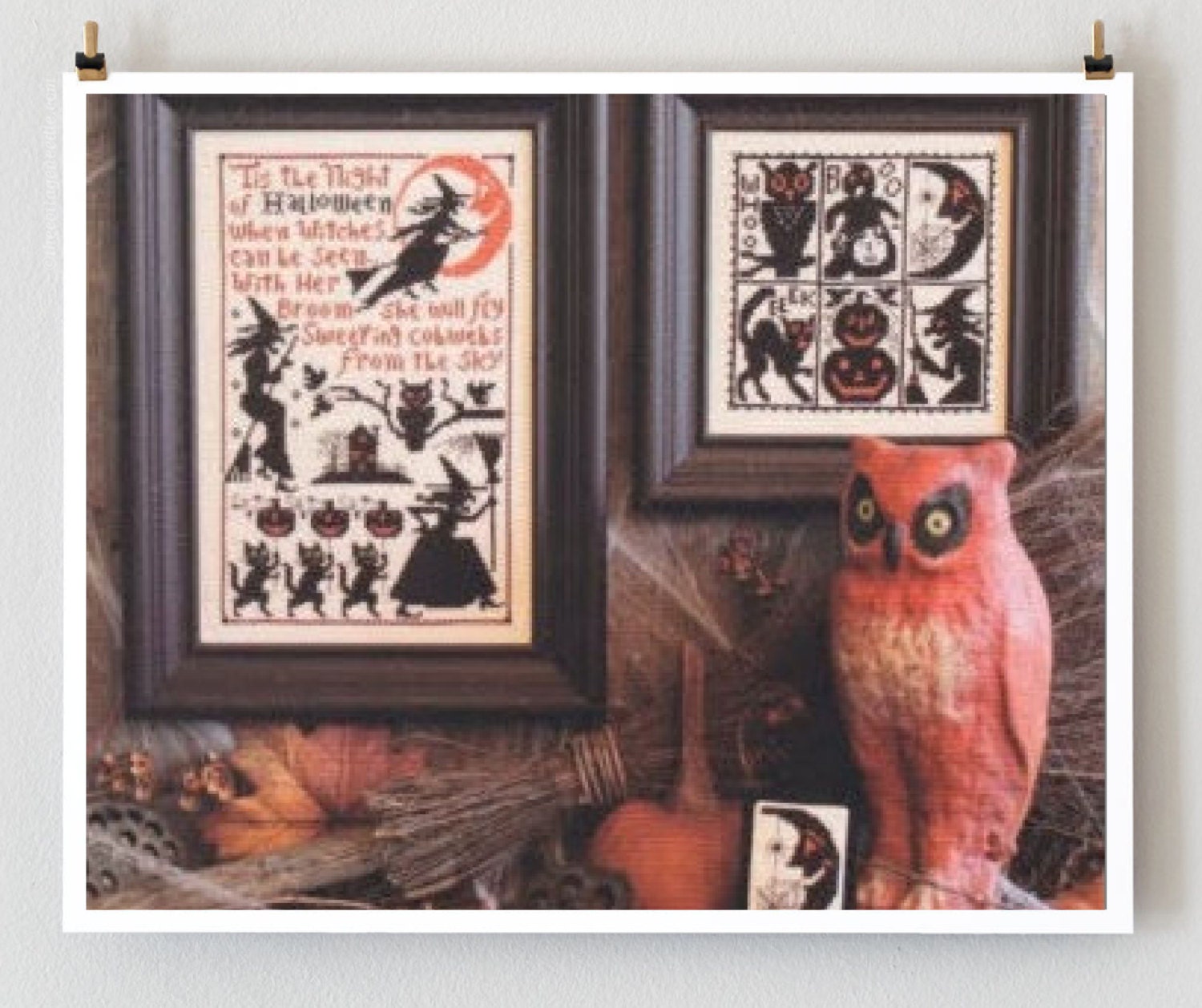 counted cross stitch pattern : Sweeping Cobwebs Prairie Schooler Halloween witch