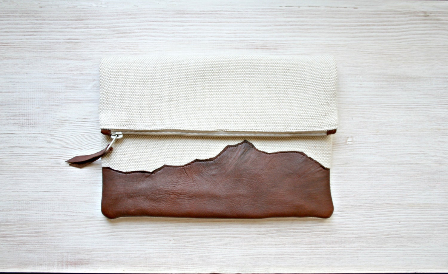 Fold over leather and canvas clutch, brown, autumn, fall fashion Made to order - HelloVioleta
