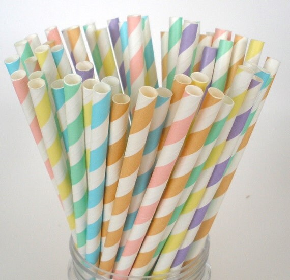 50 Pastel Paper Straws "SPRING BOUQUET" of Stripe Paper Drinking Straws