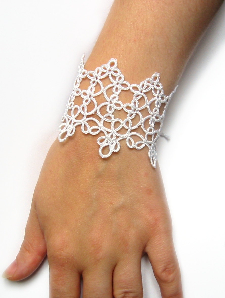 Wedding bracelet White tatted lace cuff Fantasy accesories Bridal lace-up bracelet - LandOfLaces