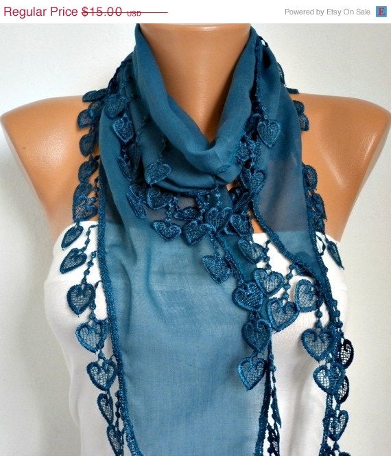 Teal Heart Scarf - Scarf -Cotton Cowl Scarf - Shawl with Lace Edge -fatwoman - Bridesmaids Gifts