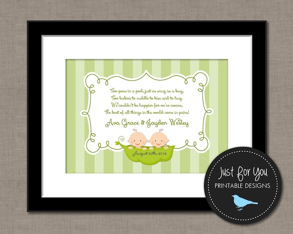 Two Peas In A Pod - Twin Twins - Custom Nursery Art - YOU PRINT (Digital File) Printable 8x10 Wall Art