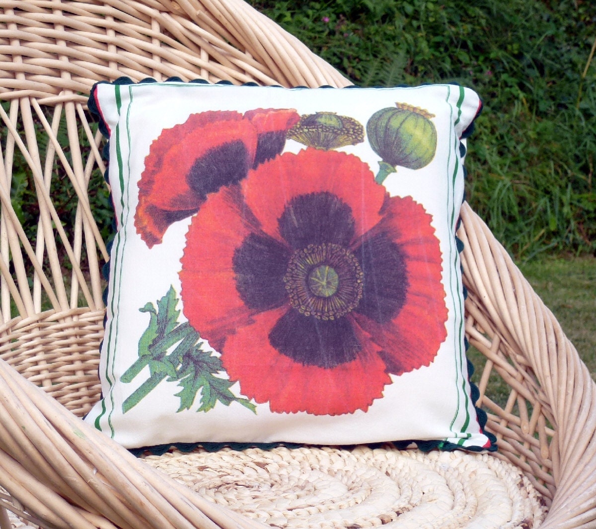 Poppies Cushion Cover, Upcycled Tea Towel - 20ethCenturyGirl