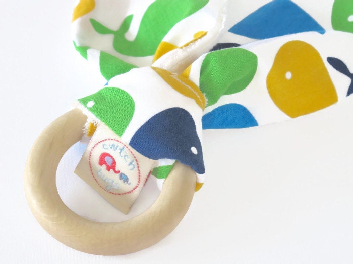 Natural Wooden Teething Ring Soother in BLUE WHALE fabric and Bamboo Terry....another baby gift idea from Cwtch Bugs - CwtchBugs