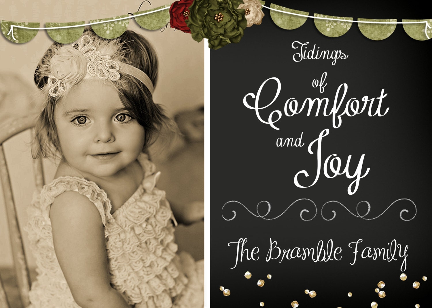 Vintage Chalk Board Christmas Photo Card - Merry Christmas - Comfort and Joy - Custom Printable File Il_570xn