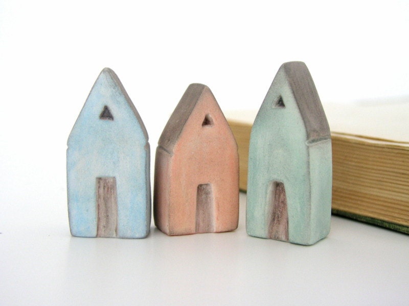 Miniature houses, Mediterranean, air dry clay, sky blue, mint green, apricot, grey, sculptured, rustic, pastel, triangle roof, set of 3 - AntigoniCreations Miniature houses, Mediterranean, air dry clay, sky blue, mint green, apricot, grey, sculptured, rustic, pastel, triangle roof, set of 3 - AntigoniCreations