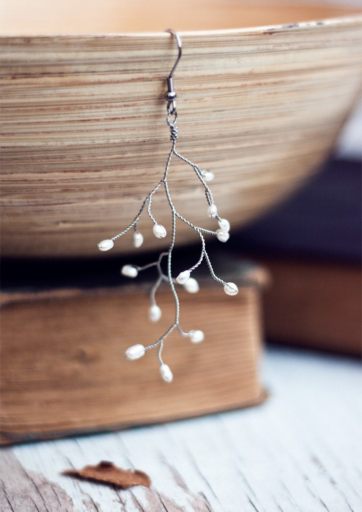 Twigs earrings, Pearl wedding earrings, Silver earrings wedding, Vine earrings, Silver bridal earrings, Bride earrings, Winter Wedding - ArsiArt