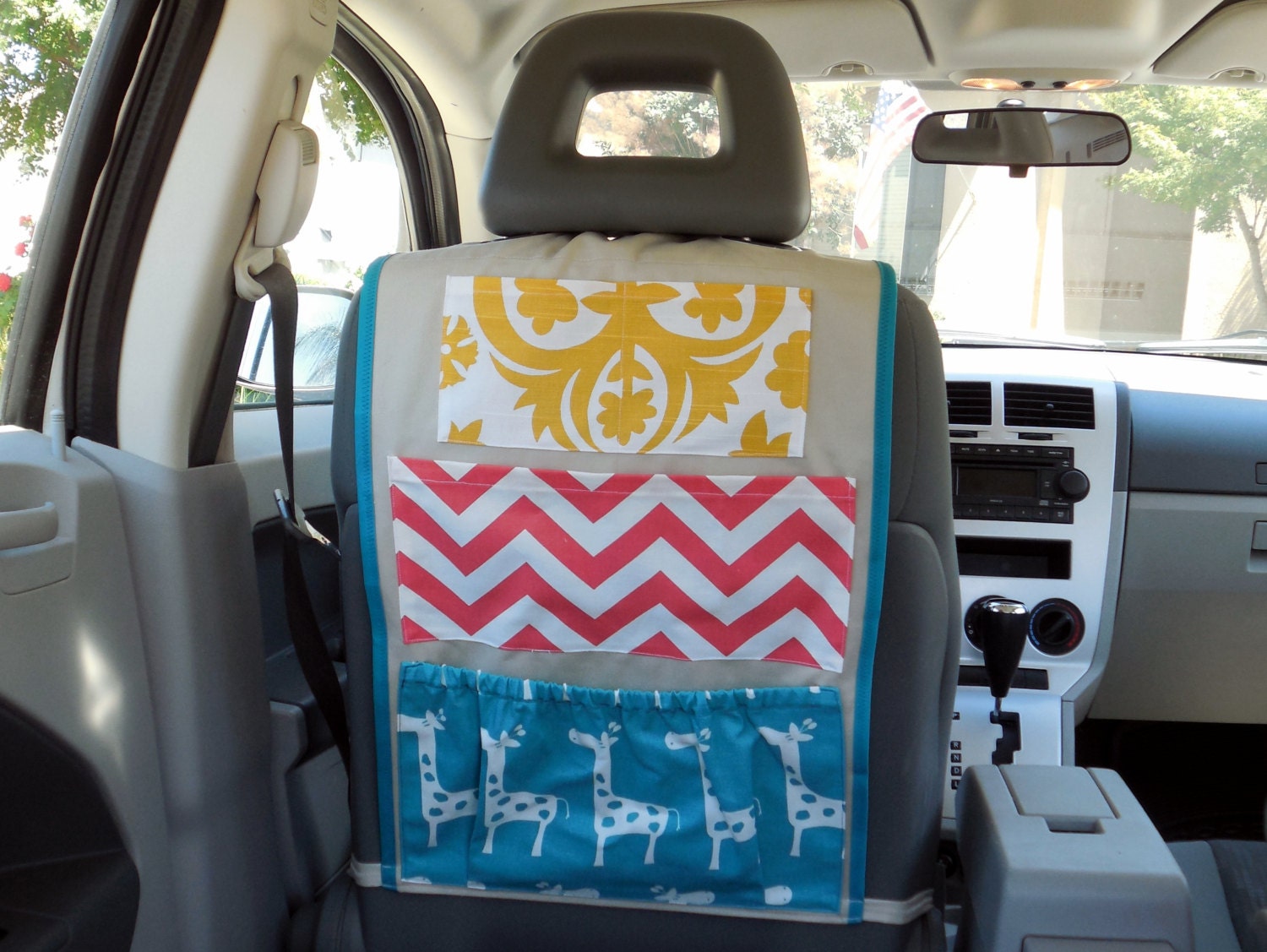 Giraffe Car Organizer- Yellow, Coral, and Turquoise