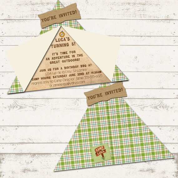 Camping Birthday Party Invitation - Camp-Out Party - Custom, Printable - Rustic, Greens & Browns - Il_570xn