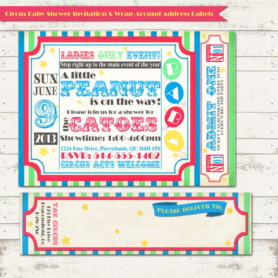 Circus Baby Shower Invitation with Wrap Around Address Labels - Vintage Inspired / Retro Carnival - Custom, Digital, Printable designs Il_570xn