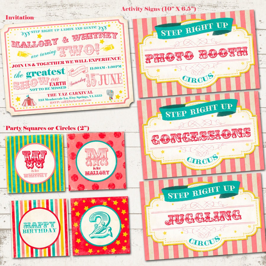 Circus Birthday Party Pack - Vintage Inspired Carnival / Retro Circus - Custom, Digital, Printable - Pinks, Golds and Turquoise Il_570xn