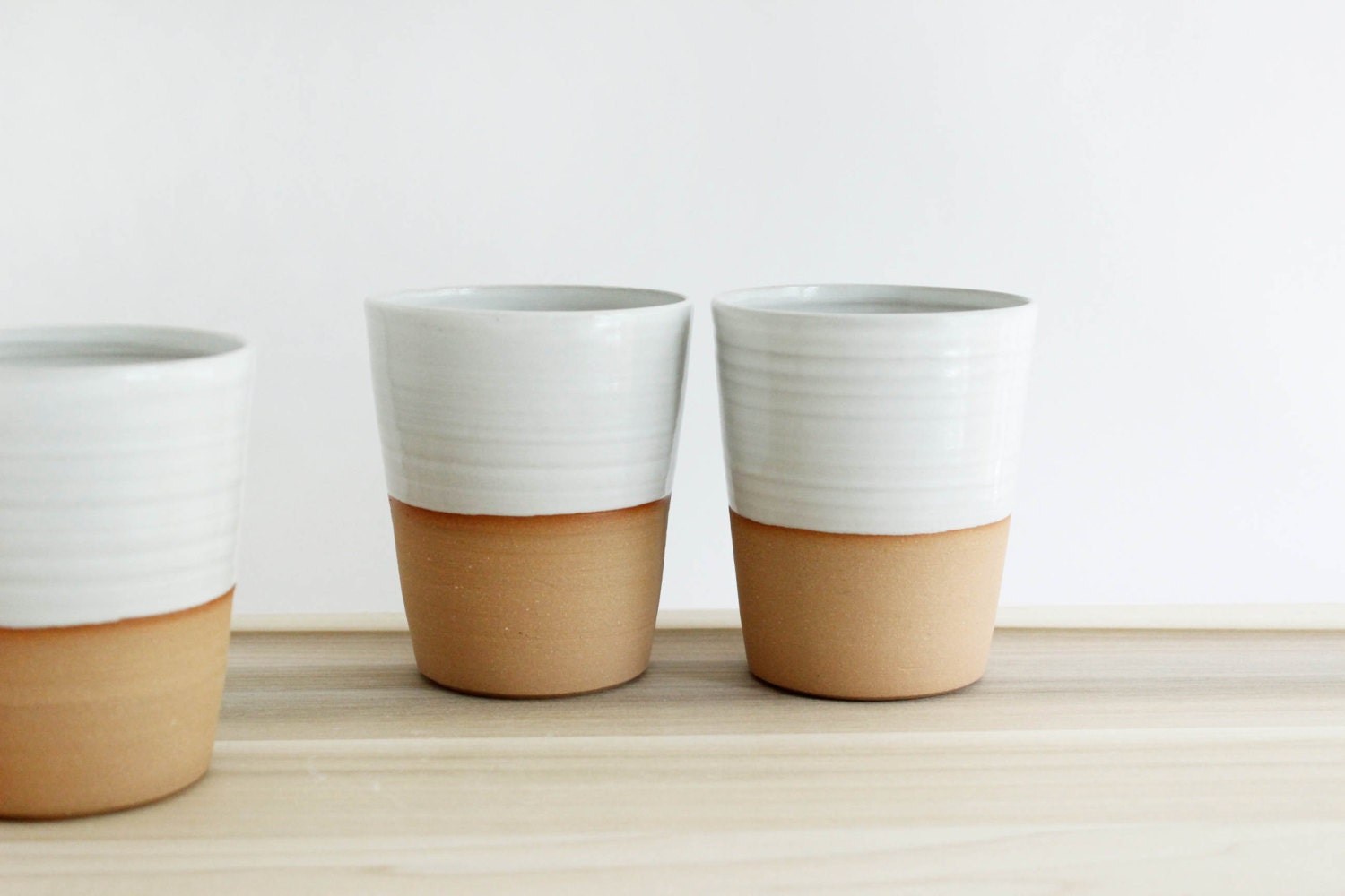 Four mugs without handles, white minimalist ceramic pottery coffee mug, tall tumbler set - juliapaulpottery