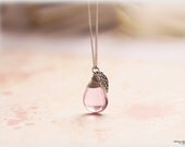 Pink glass necklace long wire wrapped silver leaf large tear drop briolette bridesmaid gift romantic womens jewelry - MacKenziesAttic Pink glass necklace long wire wrapped silver leaf large tear drop briolette bridesmaid gift romantic womens jewelry - MacKenziesAttic