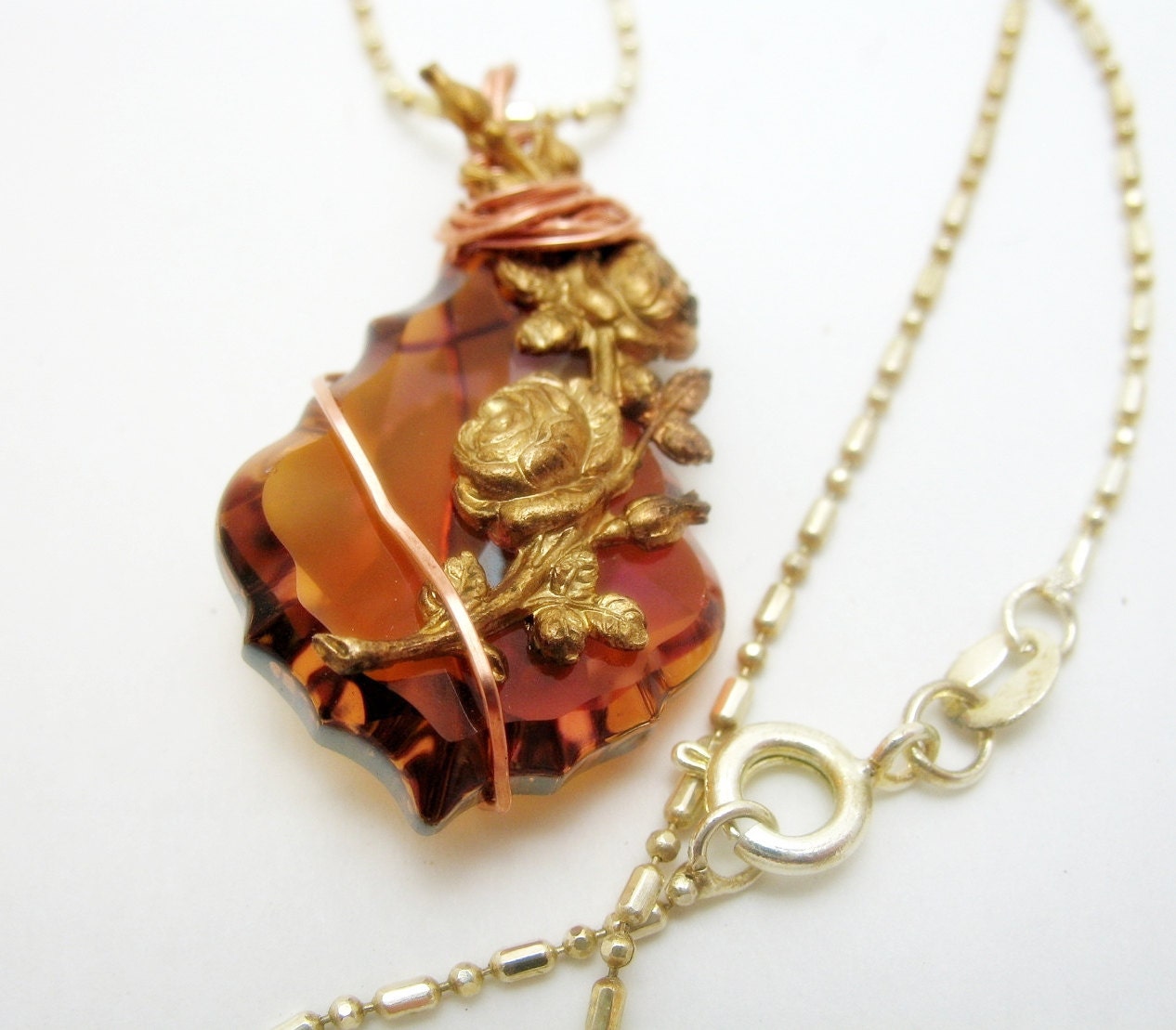 Copper Wire Wrapped Baroque Swarovski Topaz Crystal Pendant Mixed Metals