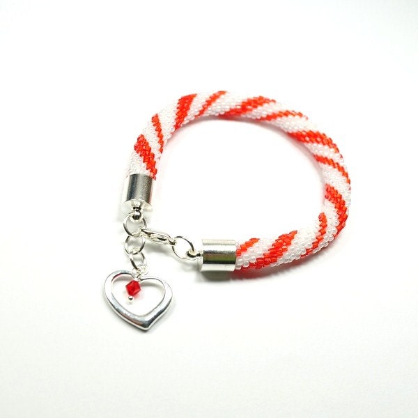 Seed Bead Bracelets. Beaded Bracelet. Bead Crochet Bracelet. Bead Crochet Rope Jewelry. White and Red Bracelet. - ArtStyleBizu