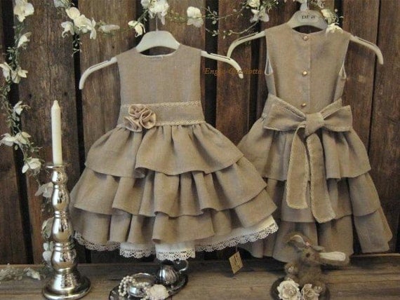 Rustic flower girl dress. Dark beige country flower girl dress. Toddler girls ruffle dress. Linen flower girl dress, burlap wedding.