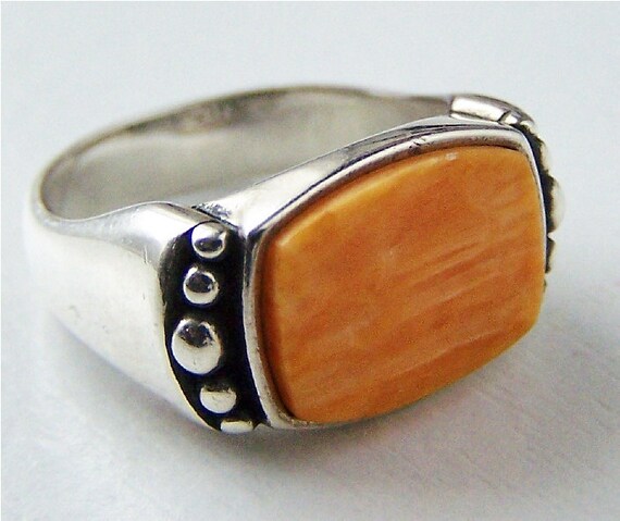 Mens Ring - ORANGE STONE RING - Sterling Silver  Spiny Oyster ring ...