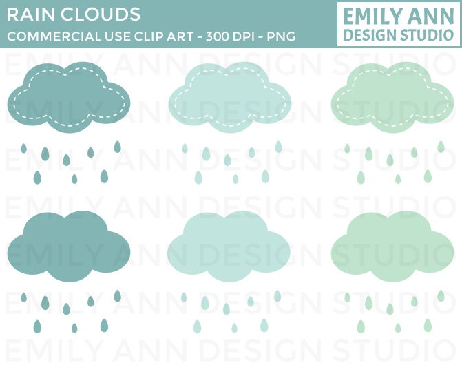 DOLLAR SALE Black Friday Cyber Monday - Rain Clouds Rain Drops Cute Clip Art - whimsical cute mint teal polka dots stripes - Commercial Use Il_570xn