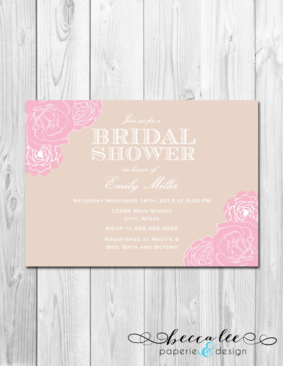 Bridal Shower, Birthday Party, Bachelorette Party, Engagement Party Invitation - Big Pink and Tan Flowers - DIY - Printable Il_570xn