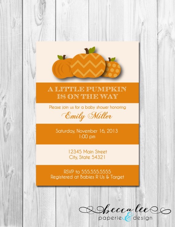 Little Pumpkin Baby Shower Invitation - Large Orange and Cream Stripes - DIY - Printable Il_570xn