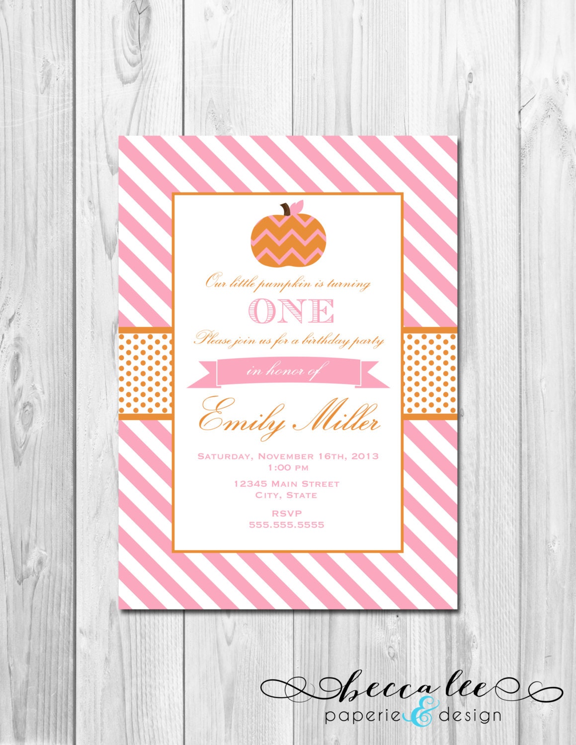 Little Pumpkin Birthday Party Invitation - Pink and Orange Stripes - DIY - Printable Il_570xn