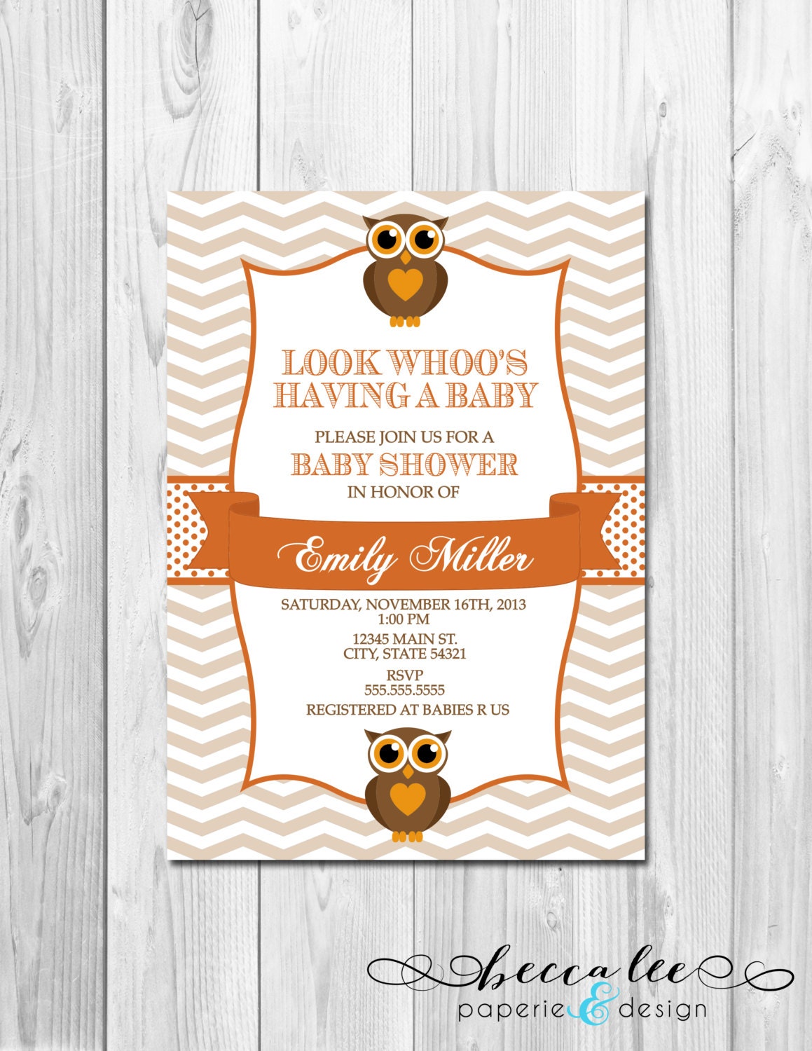Look Whoo's Having a Baby Shower Invitation - Fall Colors - Orange and Brown - Chevron Stripes - DIY - Printable Il_570xn