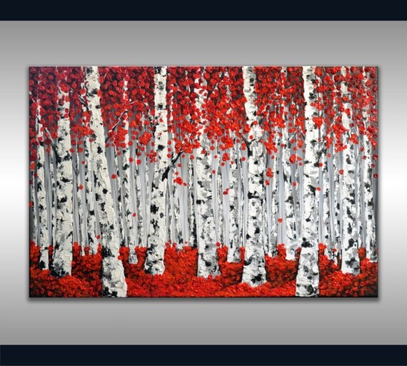 ORIGINAL Art Modern Red Birch Trees Painting Aspen Forest Textured