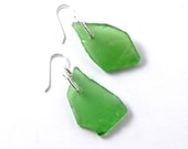 Embossed Kelly Green Sea Glass Earrings on Sterling Silver Ear Wires