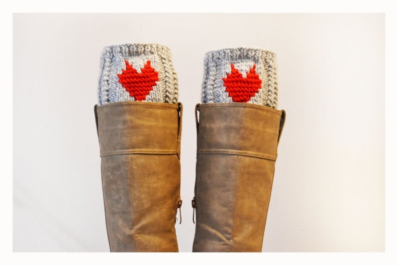 Grey Boot Cuffs with heart ,Women Leg warmers , Hand knit leg warmers , Valentine gift - ilovemyyarn