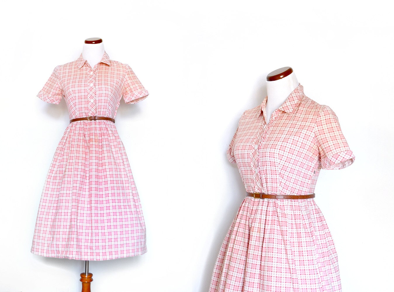 Pink Day Dress / 1950s Dress / Plaid Dress /  Schoolgirl Dress / Vintage Clothing /  Vintage Dress / Women Clothing Day Dress