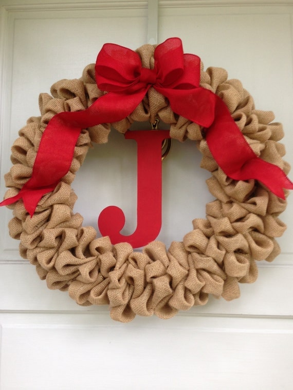Light Brown Burlap Valentines Day Wreath with Monogram and Red Burlap ...
