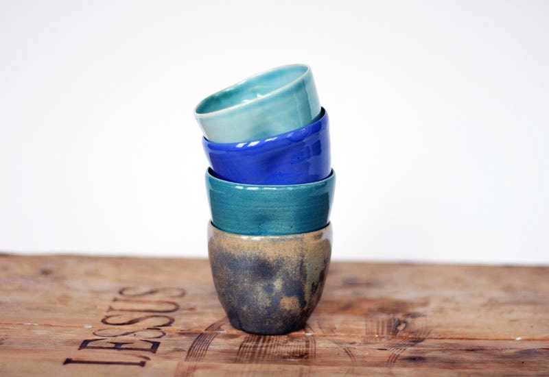 Set of four hand thrown ceramic cups in blue,  hand squeezed into a comfortable original shape - OlisCupboard