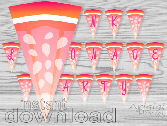 pink lemonade party banner, printable party decoration, craft supplies, home printables, instant download PDF files Il_570xn