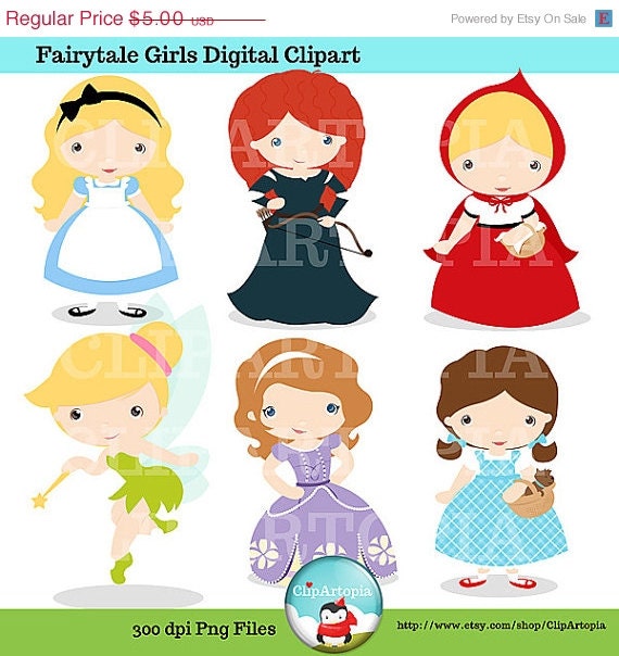ON SALE Fairytale Girls Digital Clipart / Cute Fairytale Princess Digital Clipart for Personal and Commercial Use / INSTANT Download Il_570xn