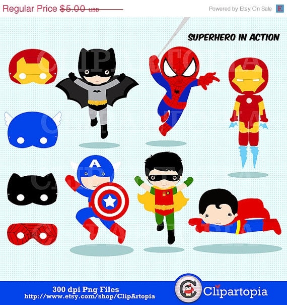ON SALE 50% OFF Superhero in action Digital Clipart / Super Hero Clipart, Superboys clip art /printable superhero masks/ Instant Download Il_570xn