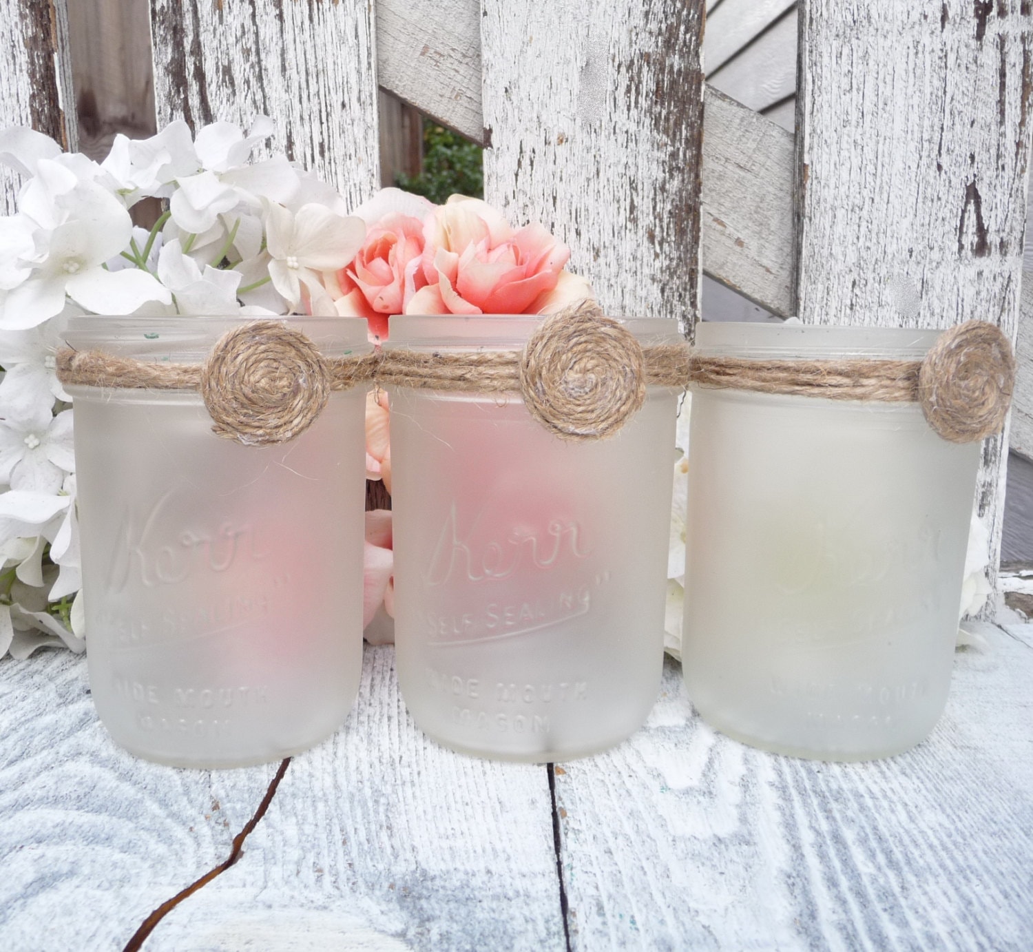 Items similar to Frosted Mason Jar Candle Holders / Vases for RUSTIC