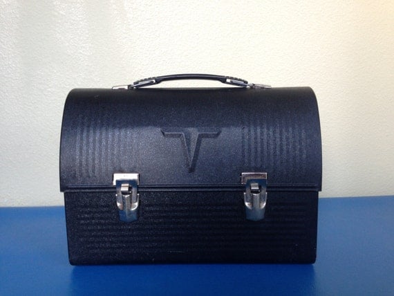 Vintage 1950's Black Metal Thermos Lunch Box by AcodaMercantile