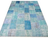 8x10 Ft (245x305 cm) - TURQUOISE Blue PATCHWORK Rug, Handmade from OVERDYED Vintage Turkish Carpets,Custom Sizes in 10 days, Free Shipping - WeMakeRugs
