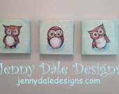 Art on Canvas: Owl Nursery Wall Art- Set of three 8x8, hand signed canvas prints - JennyDaleDesigns