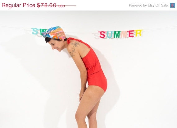 Christmas in July Neon swimsuit, Hot red Retro style super funky swimwear - ANNAKSHOP