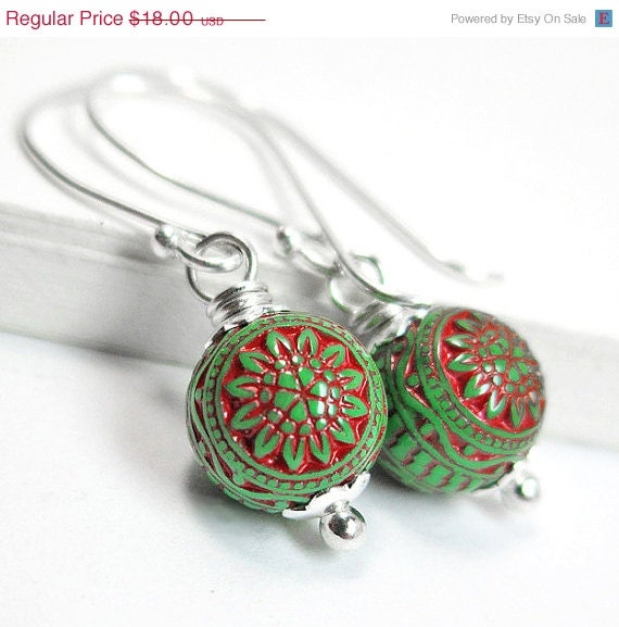 SALE- Bohemian Christmas Earrings, Sterling Silver Vintage Red and Green Drop Dangle Earrings, Lucite Bead Mod Christmas Jewelry - AnnaMJewelry
