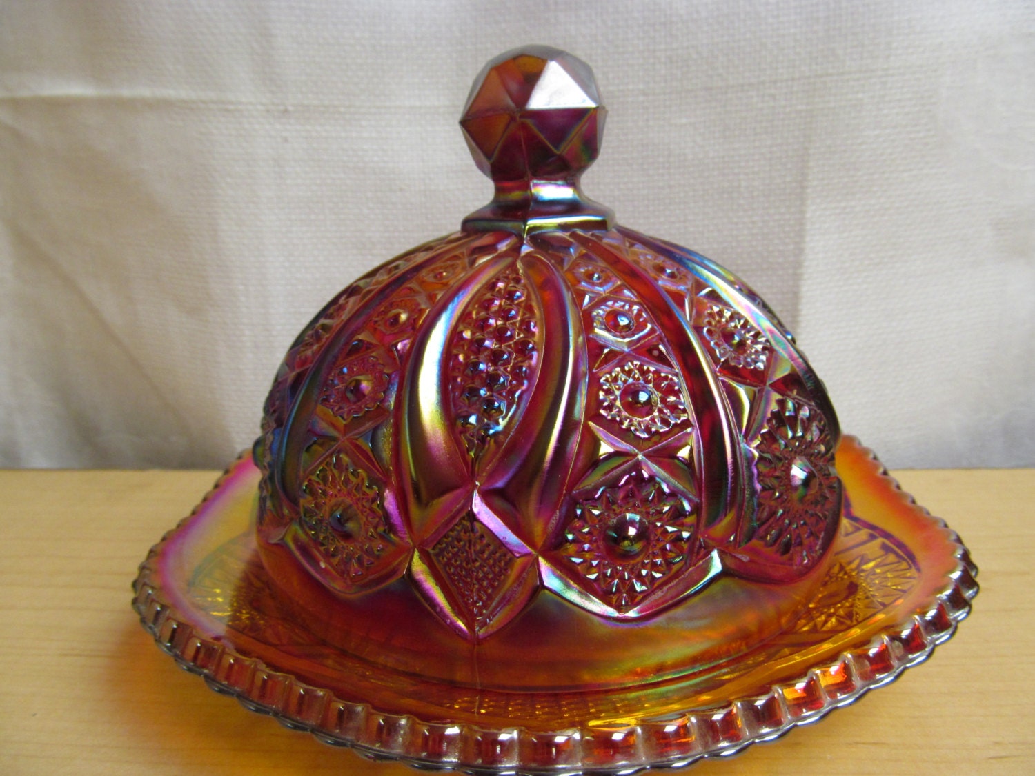 Items similar to Vintage Carnival Glass Butter Dish round covered dome