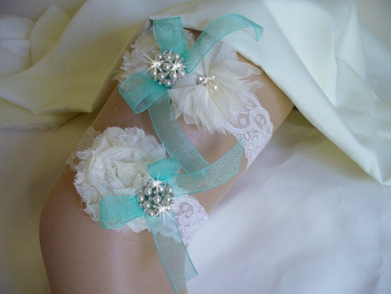 Wedding Garter/ Tiffany Blue Garter/ Bridal Garter/ Ivory  Garter/ Blue Garter/  Lace Garter Garter Set/ / Rhinestones/  Pearls/ Flowers