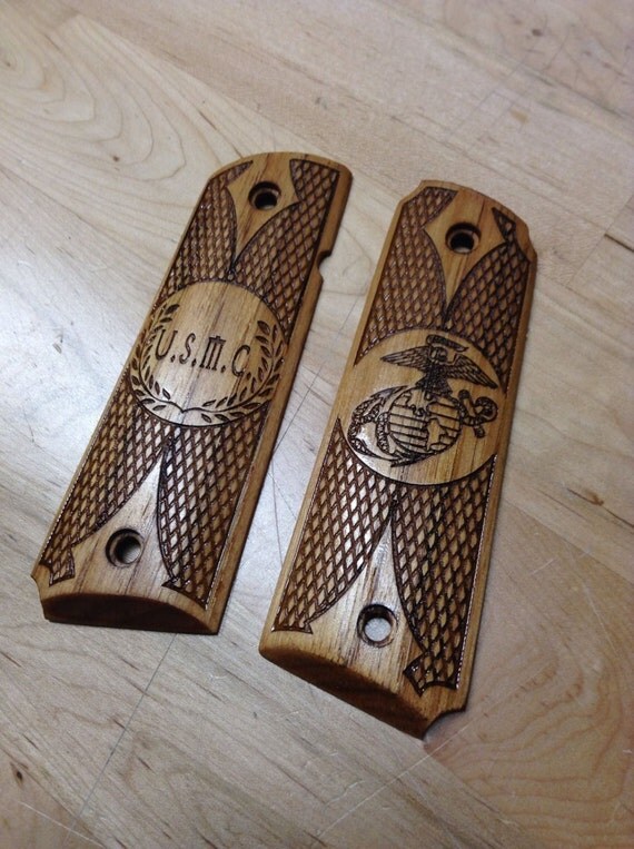 1911 Grips Hardwood Laser Engraved Military Insignia by ZigsPlace