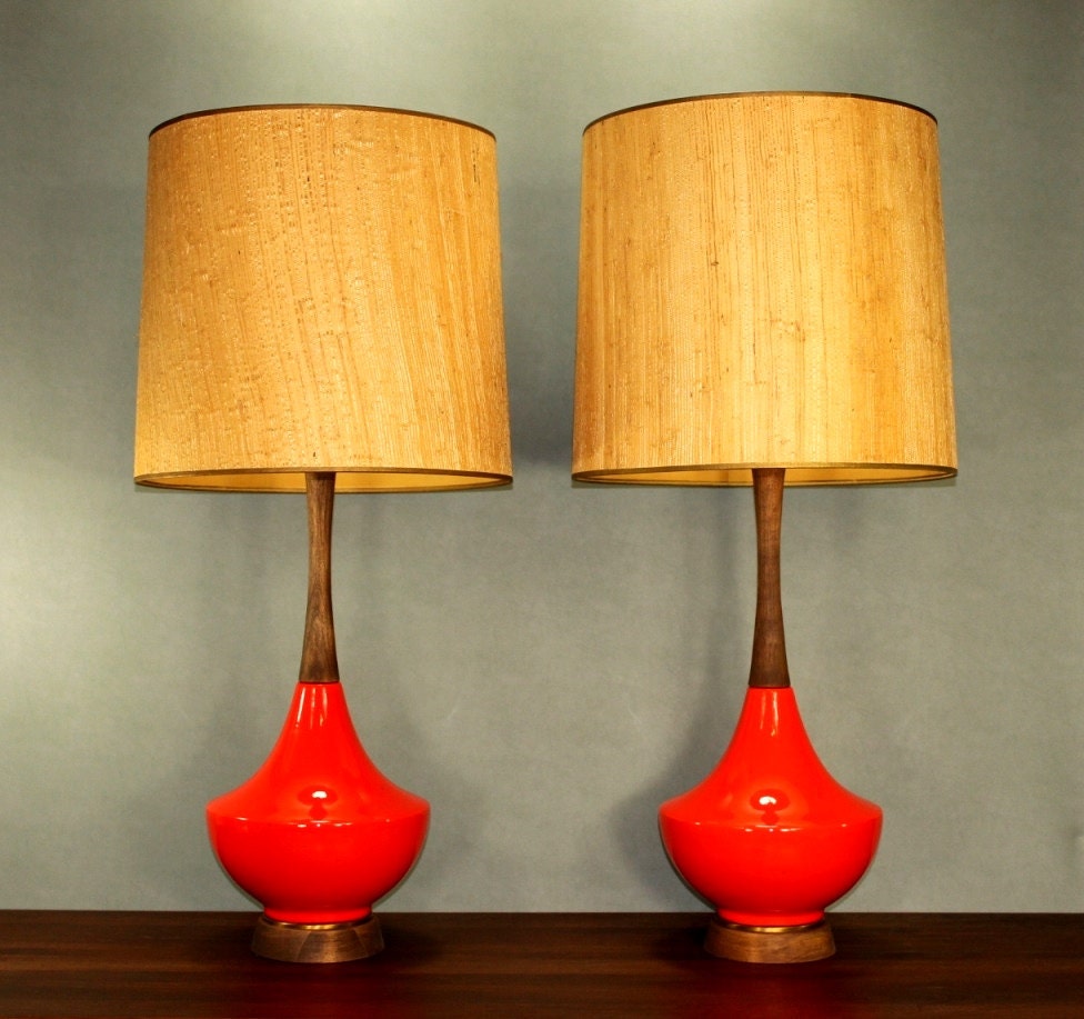 Mid Century Red Ceramic Walnut Wood Lamp Pair By Retrospeclist